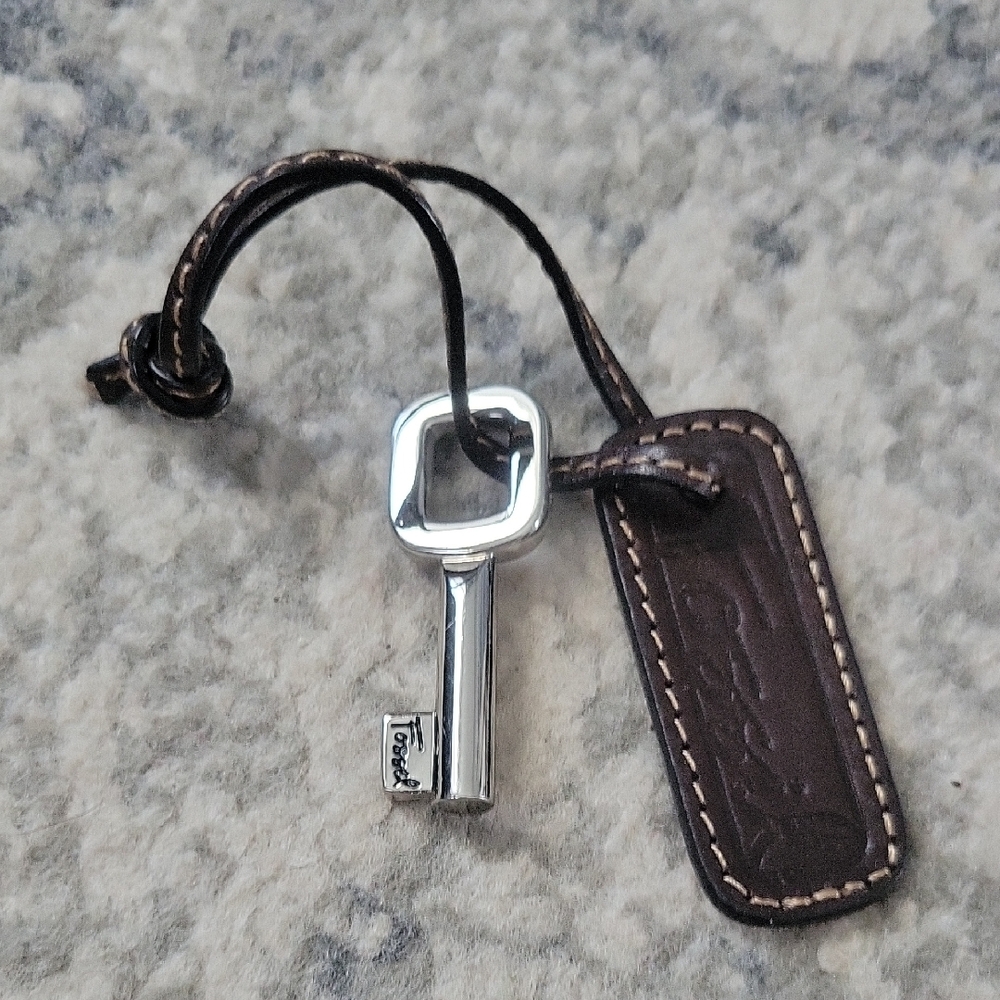Fossil Silver Keychain with Brown Leather Tag